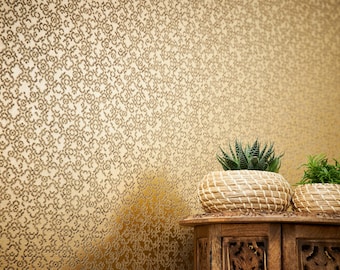 Tapete Gold glänzend | Mustertapete mit 3D-Effekt | Vliestapete Metallic orientalischer Stil | Schlafzimmer- Wohnzimmertapete 10,05 x 0,53m