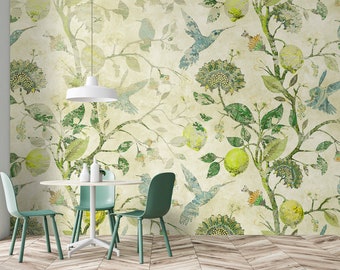 Nature mural green blue | Mural Birds Animals | Floral pattern | Bedroom, kitchen, hallway, office and living room wallpaper | 4.00mx2.70m