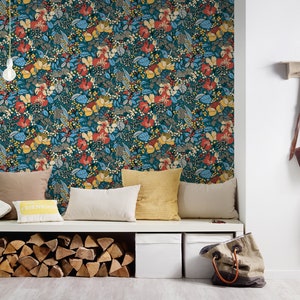 Retro wallpaper with colorful flowers Petrol non-woven wallpaper with floral pattern in 60s and 70s style Living room Nostalgia floral wallpaper image 2