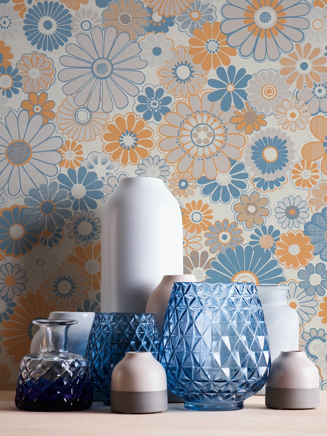 Floral Wallpaper Blue, Orange, Grey Vintage Wallpaper Retro Pattern