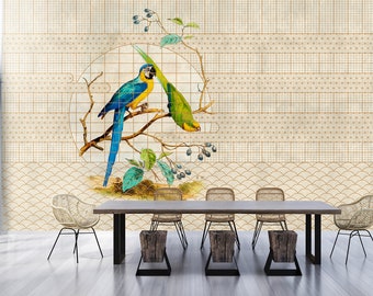 Birds Mural Blue Beige | Mural Animals | Floral pattern | Bedroom, kitchen, hallway, office and living room wallpaper | 4.00mx2.70m