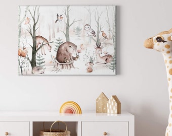 Canvas painting Waldfreunde | Forest animals | | for children Watercolor look | Canvas on stretcher frame | Mural | Decorative picture | 70 cm x 50 cm