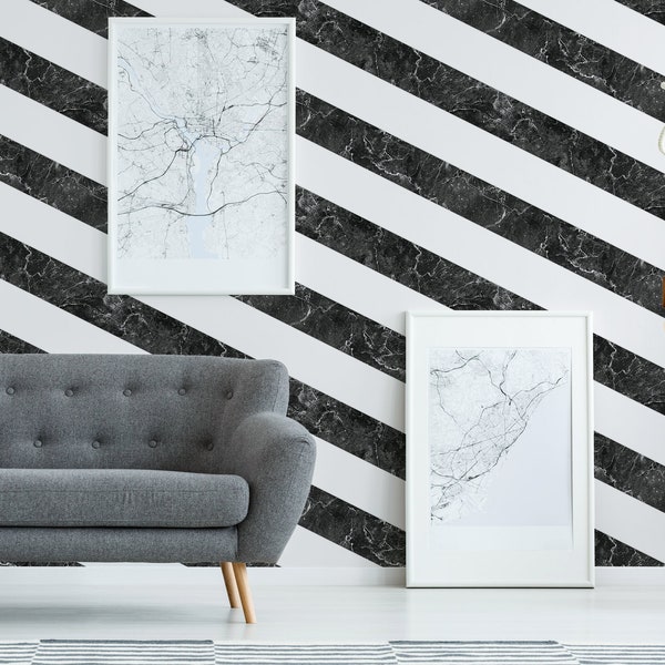 Striped wallpaper black white silver | Designer wallpaper | Marble wallpaper | Bedroom, kitchen, hallway, office and living room wallpaper | 10.05mx0.53m