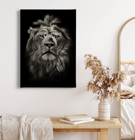Canvas Painting Lion Black Background Grey Strong Lion - Etsy