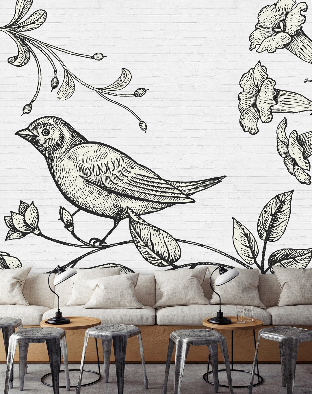 Birds Photo Wallpaper Grey Black White Birdy 3 Living Room Wallpaper ...