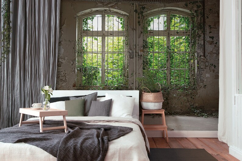 Photo Wallpaper Window Green Grey Old Window Bedroom Wallpaper Concrete