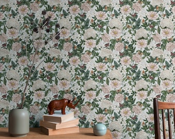 Floral wallpaper | non-woven wallpaper with flowers in grey, dark green and white | wallpaper living room bedroom kitchen | 10,05m x 0,53m