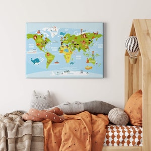 Wandbilder Weltkarte | Kinderzimmer | Blau Grün | Bild auf Leinwand | Leinwand auf Keilrahmen | Dekobild | 70 x 50
