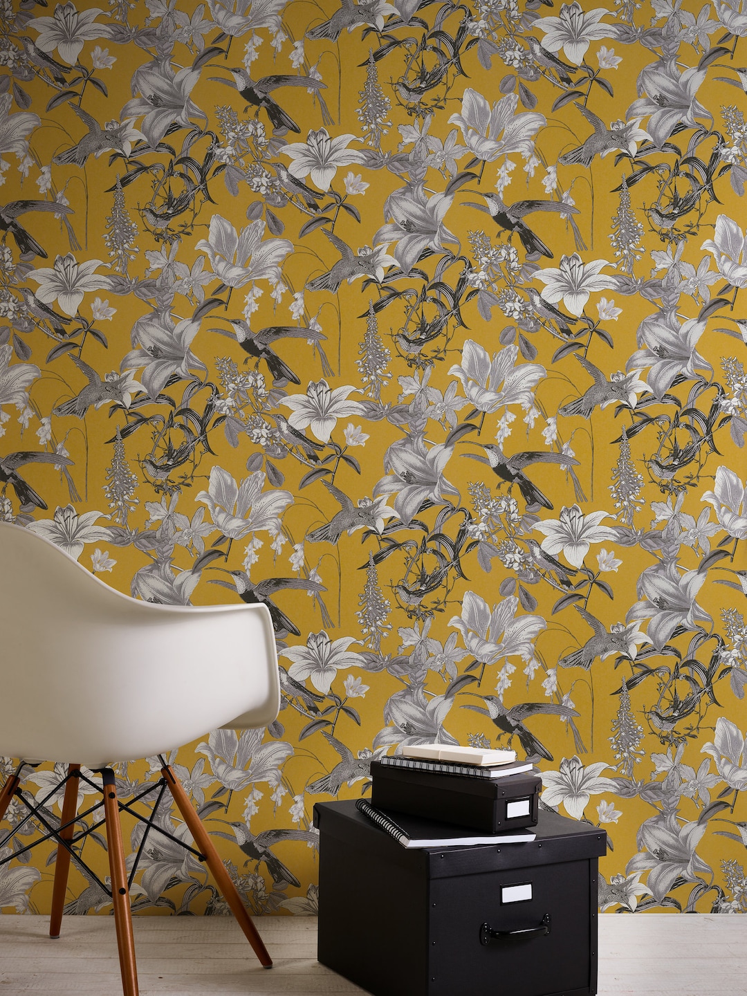 Floral Wallpaper Yellow Gray Bird Wallpaper Mustard Yellow Retro