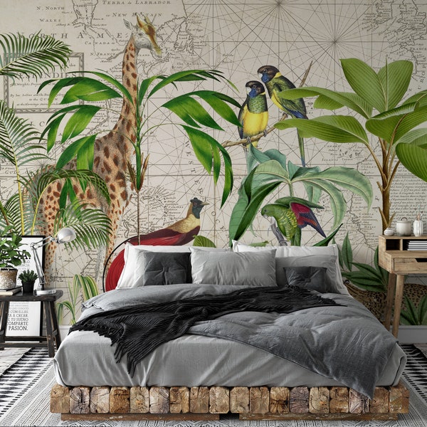 Mural with animals Colorful Green Yellow | Wallpaper Jungle Palms Animals | Bedroom, hallway, office and living room wallpaper | 4.00 m x 2.70 m