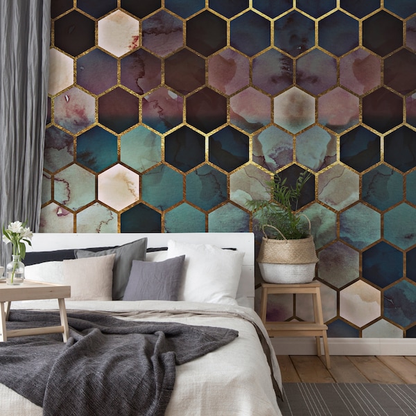 Mural with 3D effect Pink Gold Blue | Wallpaper 3D Geometrically | Bedroom, hallway, office and living room wallpaper | 4.00 m x 2.70 m