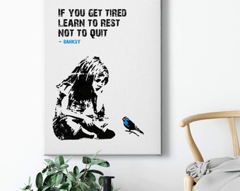 Leinwandbild Banksy Tired | schwarze Schrift: If you get tired  | blau | Modern | Leinwand auf Keilrahmen Wandbild | Dekobild 50 cm x 70 cm