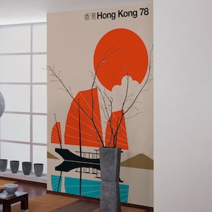 Mural with Skyline Orange Beige Black | Wallpaper Skyline Hong Kong | Bedroom, hallway, office and living room wallpaper | 2.00 m x 2.70 m