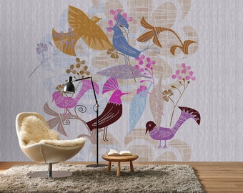 Birds Mural Blue Purple | abstract wallpaper | modern animal wallpaper | Bedroom, kitchen, hallway, office and living room wallpaper | 4.00mx2.70m