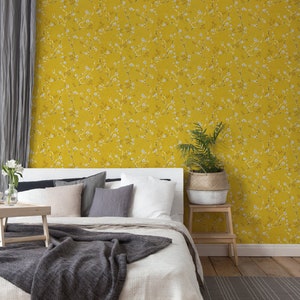 | di carta da parati per la natura stimolante giallo senape | | con arbusti e fiori Camera da letto, cucina, corridoio e soggiorno carta da parati | 10,05mx0,53m