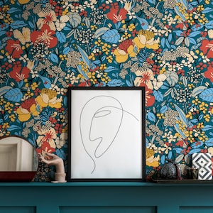 Retro wallpaper with colorful flowers Petrol non-woven wallpaper with floral pattern in 60s and 70s style Living room Nostalgia floral wallpaper image 1