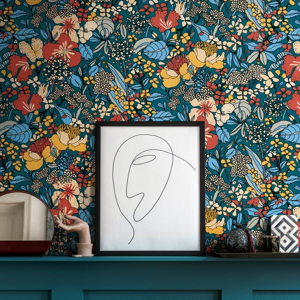 Retro Tapete mit bunten Blumen | Petrol Vliestapete mit floralem Muster im 60er und 70er Jahre Stil | Wohnzimmer Nostalgie Blumentapete