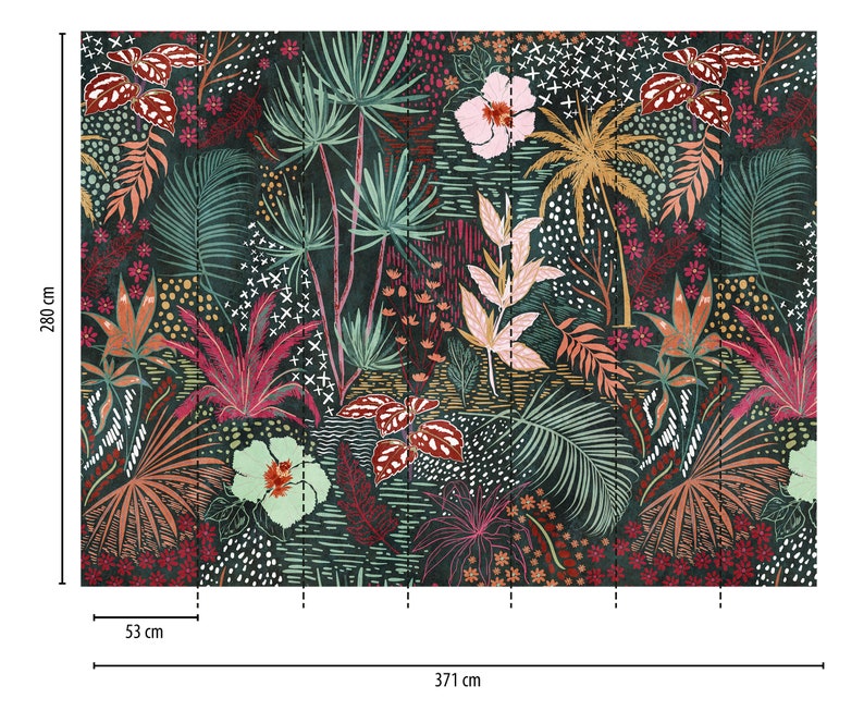 Dschungeltapete Blätter & Blumen Vliestapete Grün Florale Tapete Bunt Natur 3,71 m x 2,80 m Bild 2