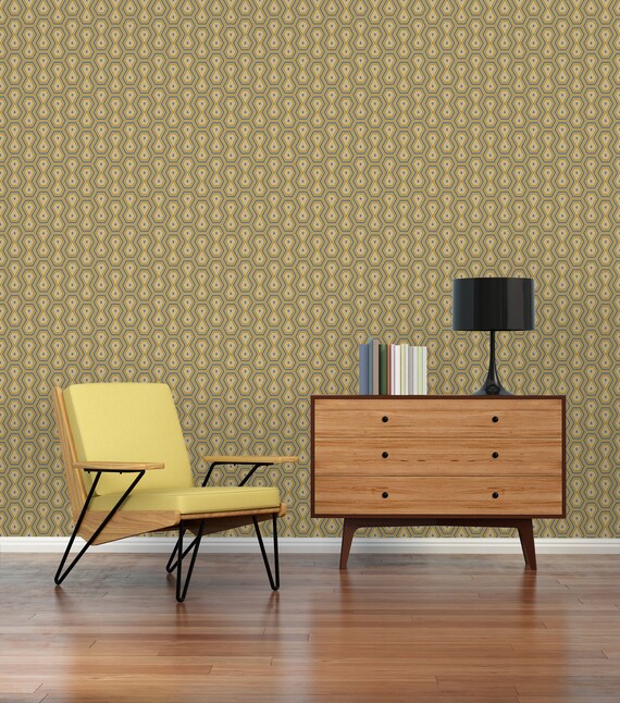 Retro Wallpaper Yellow Gray White Geometric Wallpaper Yellow Etsy