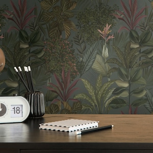 Carta da parati floreale in verde scuro e bordeaux | Carta da parati non tessuta in stile giungla | carta da parati soggiorno camera da letto cucina bagno | 10,05 mx 0,53 m