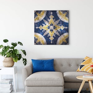 Canvas Vintage | | patterns Blue Yellow | Canvas on stretcher frame | Mural | Decorative picture | 50 cm x 50 cm