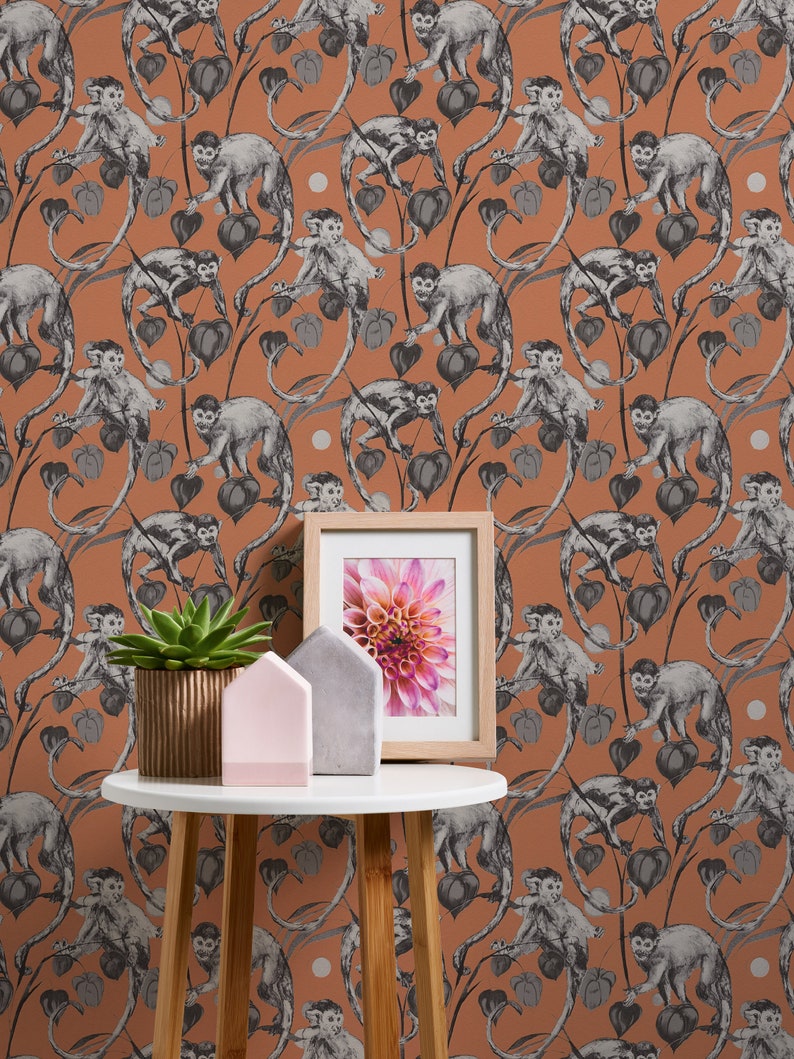Natural wallpaper orange grey black Jungle wallpaper with monkeys Bedroom, kitchen, hallway, office and living room wallpaper 10.05mx0.53m image 2