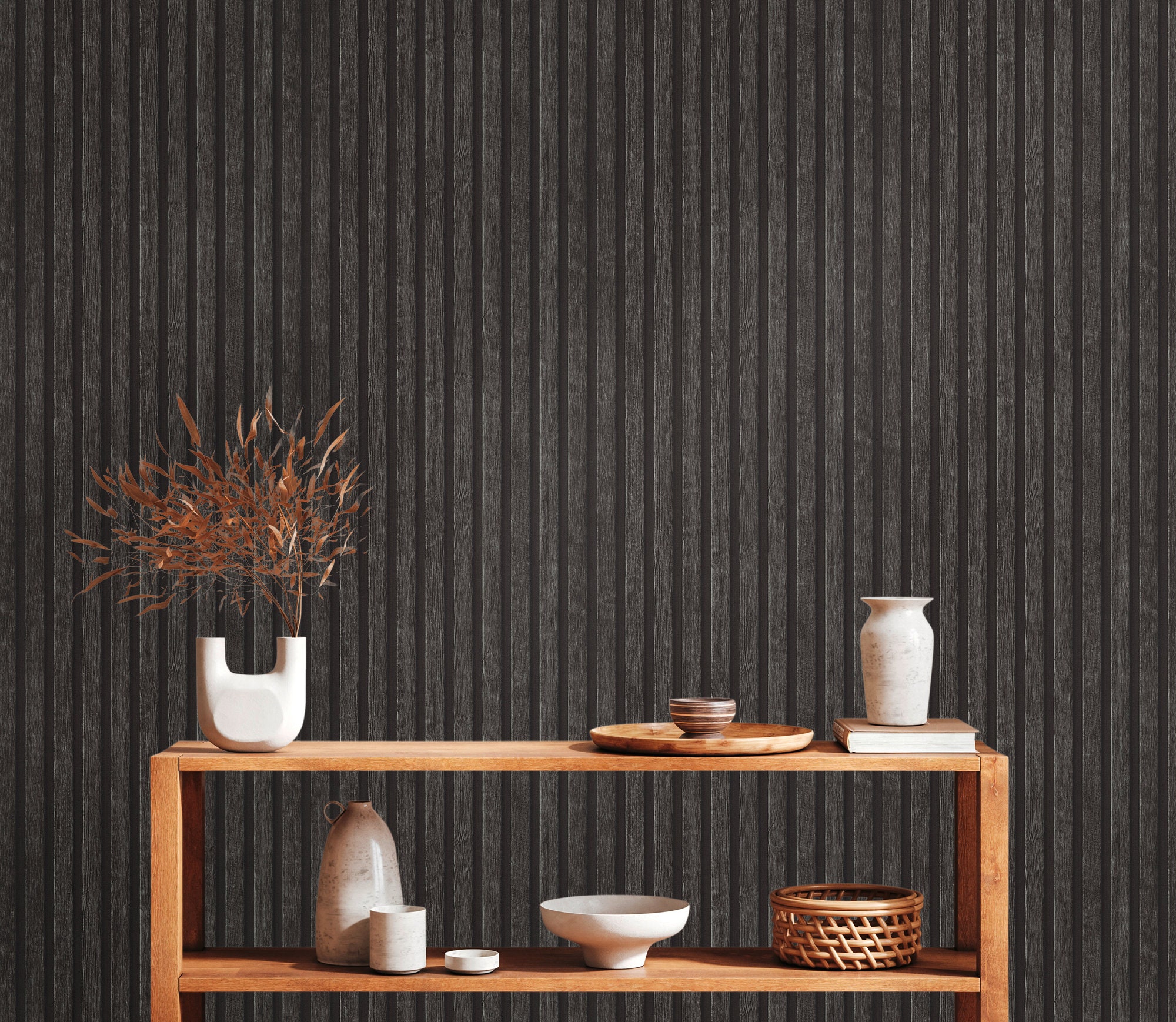 3D papier peint bois mur à lamelles scandinave - papier peint intissé  imitation bois marron, noir