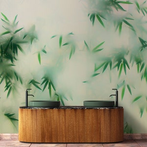 Mural Nature Green Beige | floral wallpaper with bamboo and leaves | Bedroom, kitchen, hallway, office and living room wallpaper | 4.00mx2.70m