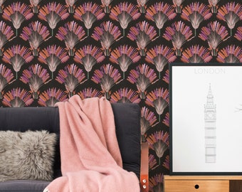 Jungle Wallpaper Black Orange Purple | Palmentapete Orange | Retro wallpaper black | Bedroom- living room wallpaper | 10.05 m x 0.53 m