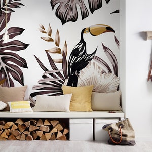 Photo wallpaper Jungle Grey White | Toucan | Hallway wallpaper with white Hawaiian flower | Palm trees and nature wallpaper with Tucan