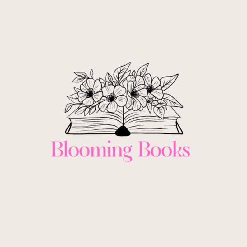 May include: A logo showing an open book with a floral design above it. The words "Blooming Books" are in pink below the book and flowers. The design is in black and pink on a beige background.