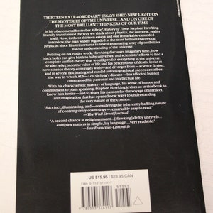 May include: Black and white book cover with the title "Black Holes and Baby Universes and Other Essays" by Stephen Hawking. The back cover features a blurb about the book and includes the price of &pound;15.95.