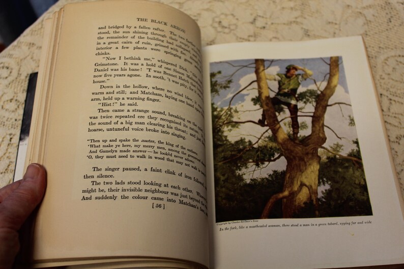 May include: A vintage book open to a page with text about a man in a hollow, and an illustration of a man in a green shirt climbing a tree. The text reads "Down in the hollow, where no wind blew, warm and still, and Matchan, laying one hand on his arm, held up a warning finger. "Hist!" he said."