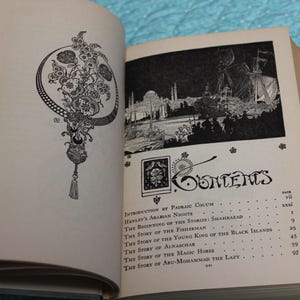 May include: Open book with illustrations and text. The left page features a black and white floral design. The right page displays a black and white illustration of a city and the word "Contents". The book is open to the table of contents.