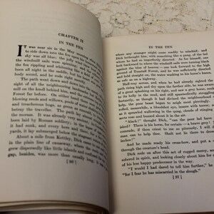 May include: A page from a vintage book titled "In the Fen" with text describing a path through a fen and a man riding a horse. The text describes the man's encounter with a creature in the fen.
