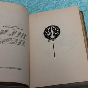 May include: Open book with text and a black and white illustration. The left page contains text about copyright and publishing information. The right page features a decorative black and white design on a long stem.