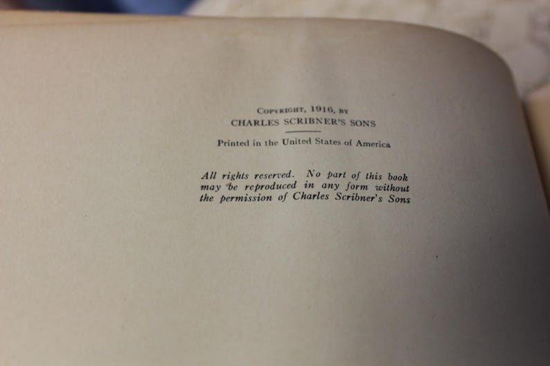May include: Copyright page from a book published in 1916 by Charles Scribner's Sons. The text states that all rights are reserved and no part of the book may be reproduced without permission.
