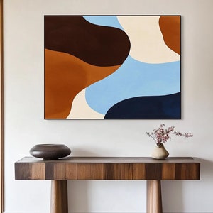 Brown abstract wall art for sale, Large modern geometric canvas painting, Blue cream orange contemporary artwork, Mid-century minimalist