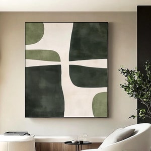 Simple Minimal Green Wall Decor Idea For Aesthetic Living Room, Unique Fancy Dark Green Geometric Art, Neutral Wabi-Sabi Wall Painting