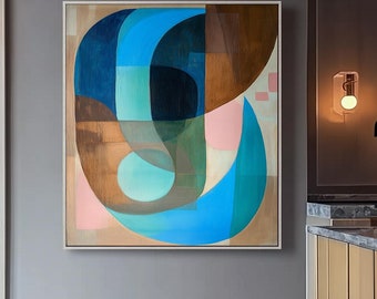 Blue Geometric Abstract Canvas Painting, Mid-Century Modern Wall Art