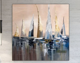 Painted boat wall art, Sail boat, seascape Art, Painting on canvas original, Abstract oil painting, large contemporary oil painting AH0104