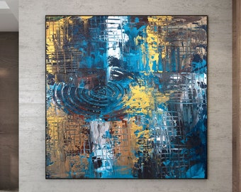 Large Abstract Painting, Modern abstract painting, Blue Gold Textured hand painting, office wall art, original abstract textured Painting