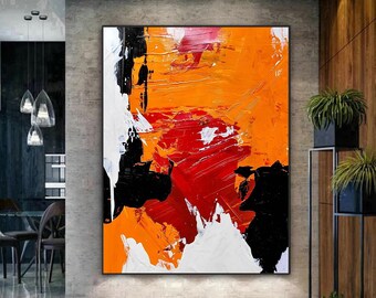 Minimalist Wall Art, Large Original Abstract Painting, Orange Painting Gray Painting, Texture Abstract Painting, Black And White Wall Art