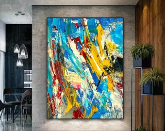 Original Abstract Canvas Art, Large Abstract painting on canvas, bright Blue yellow canvas painting, artwork, Extra-large original artwork