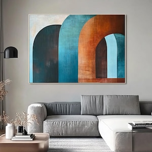 Teal abstract wall art to buy, Modern geometric canvas painting, Large blue and orange contemporary artwork for living room