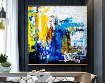 Abstract Boho Wall Decor Wall Art Canvas Textured Wall Art Original Oil Painting On Canvas Modern Art Yellow Blue Painting Home Decor