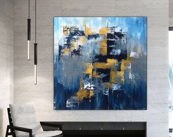 Extra Large Wall Art Original Abstract Painting, Blue Grey Gold Painting, Original handmade art, Home Decor, Textured Abstract painting, art