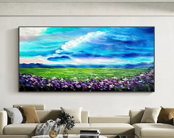 Green horsetail grass oil painting, Original oil painting, abstract art on canvas Nature home decor wall art, Purple Flower, painting gift