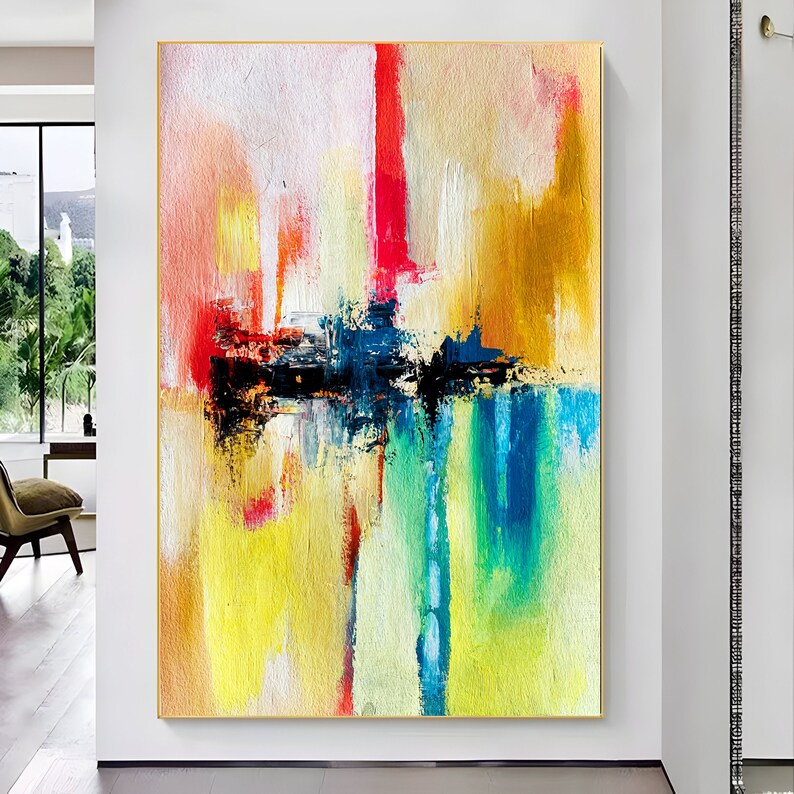 Original Abstract Painting Canvas Wall Art, Bedroom Decor, Large Wall Art, Modern Abstract Art, Yellow Canvas Paintings, Red Textured Art image 8