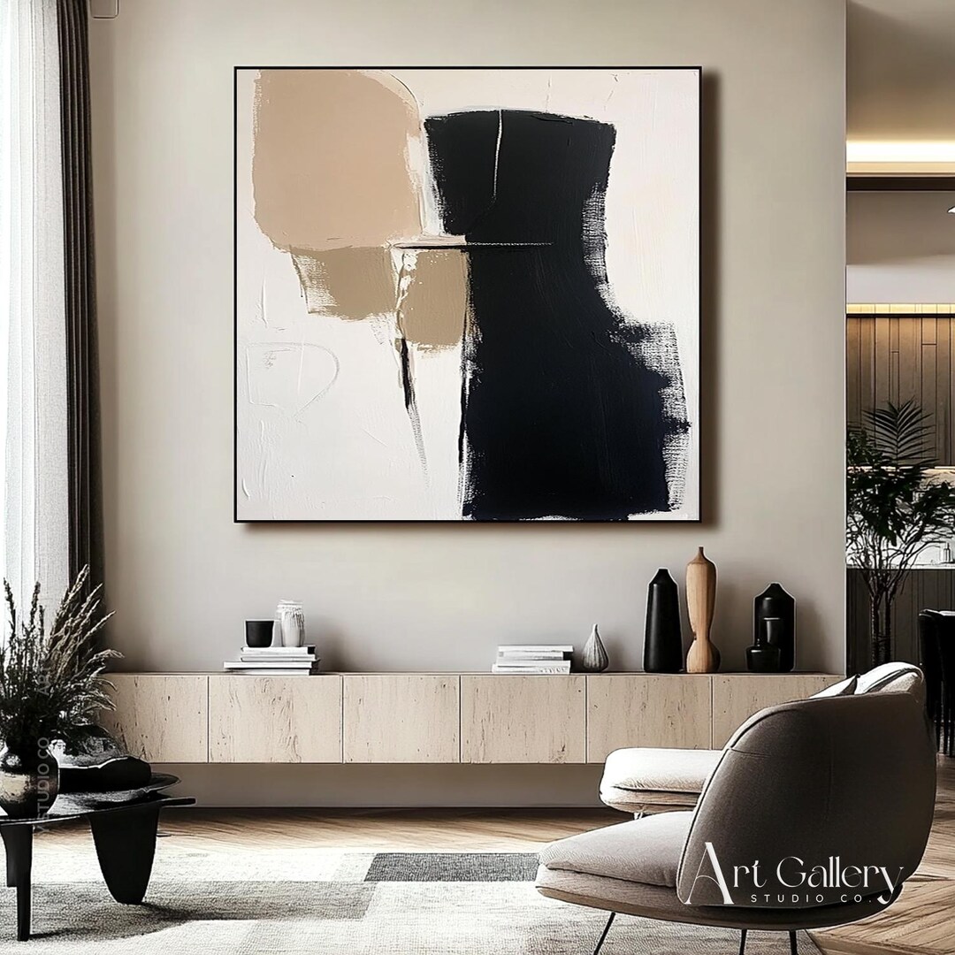 Beige and Black Geometric Art Print, Abstract Canvas Painting for ...
